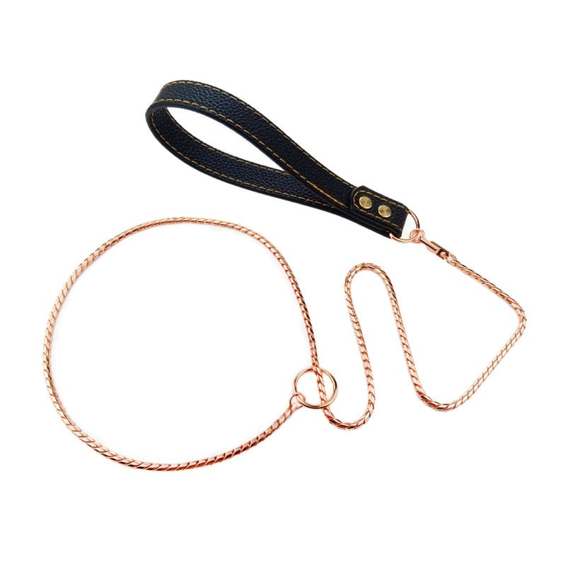120cm Dog Chain Collar Leash 304 Stainless Steel Dog Metal Collar Choke Silver, Black, Rose, Gold Pet Lead Rope With Leather Handle