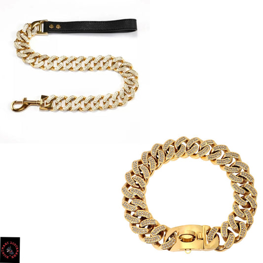 Gold With Diamonds Luxury Dog Collar + Luxury Gold With Diamonds Leash Bundle