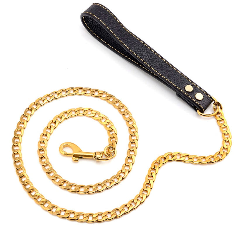 4.5FT Luxury Stainless Steel Chain 18K Gold Pet Leash with Leather Handle